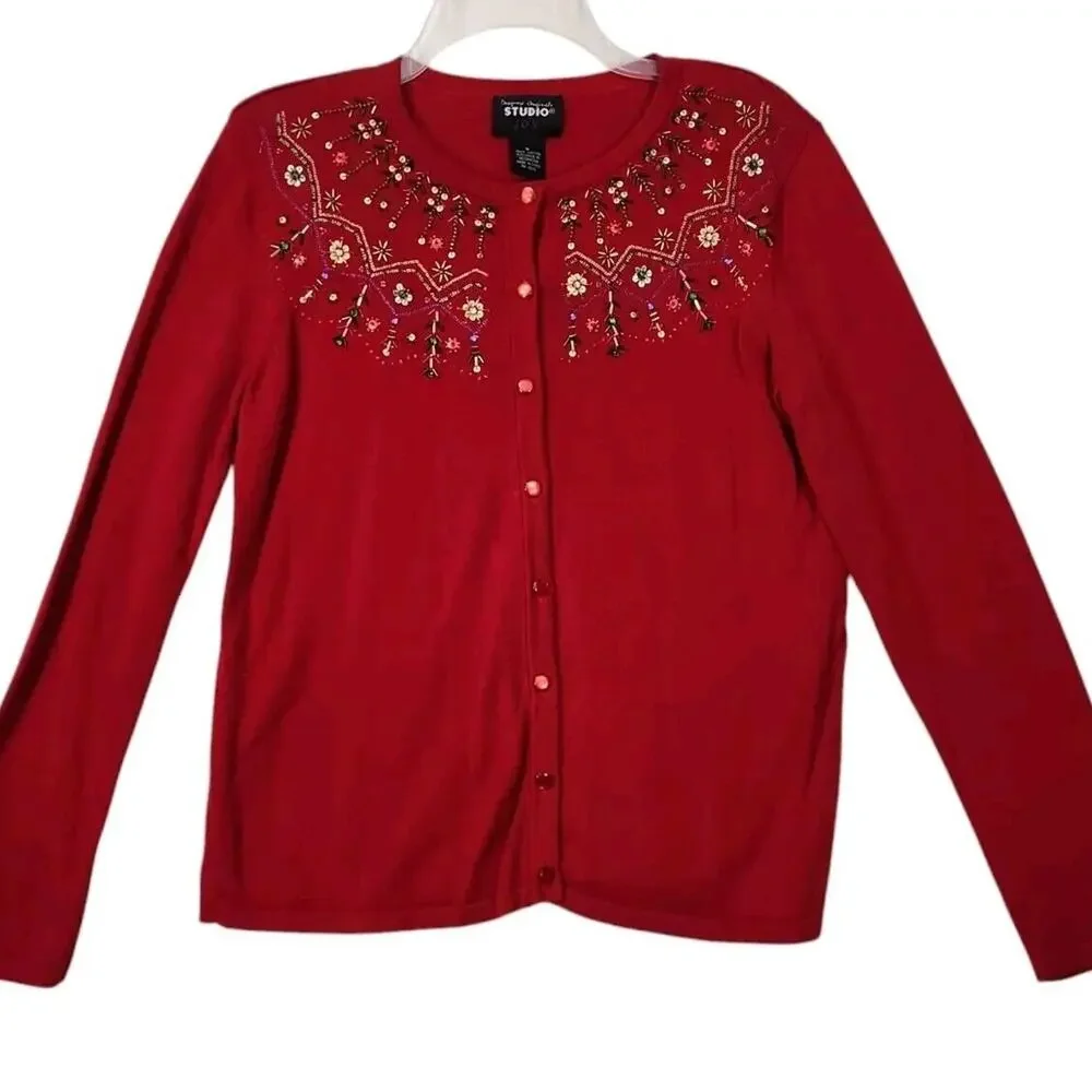 VTG 9Os CHRISTMAS SWEATER CARDIGAN RED BUTTON UP BEADED FANCY 100% COTTON SMALL